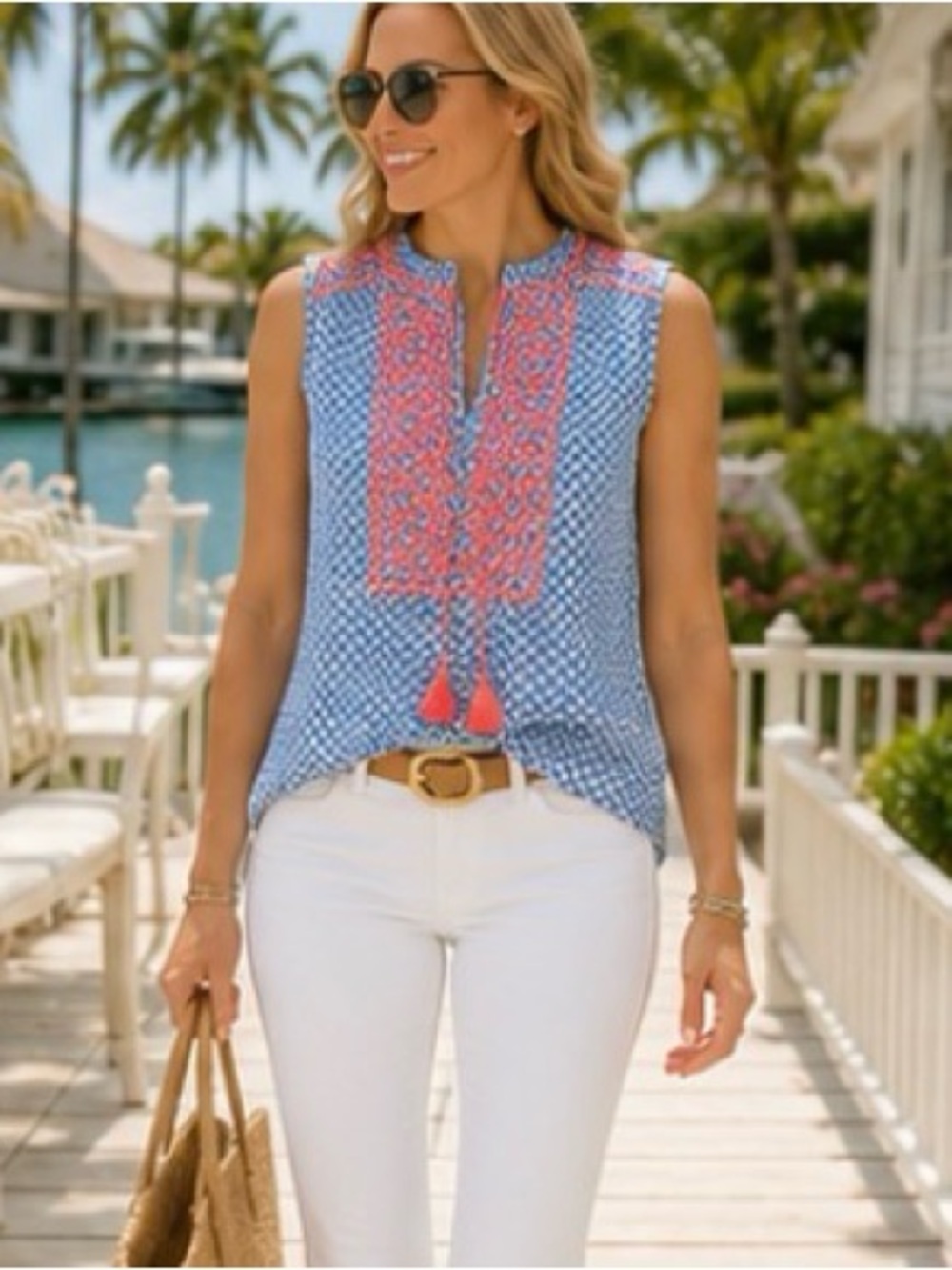 J.Crew Embroidered Tassel Top 4 Coastal Preppy Resort Boho Cotton - Picture 5 of 9